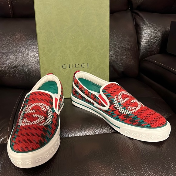 GUCCI Web logo Houndstooth Interlocking GG Mens 1977 Tennis Slip On Sneakers NWB - Picture 5 of 11